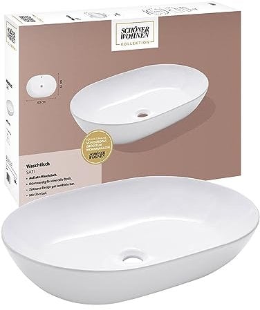 Schöner Wohnen Kollektion Aufsatz-Waschbecken 60 cm Sati, weißer Waschtisch abgerundet, Keramikwaschbecken Bad Aufsatz-Montage, Überlauf, Weiß