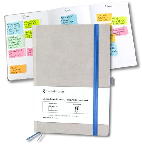 zettelweise - Das agile Notizbuch A5 | Mit integriertem Kanban Board | inkl. 300 Haftnotizen | Mehr Klarheit + Fokus | Notizbuch To do | 192 nummerierte Seiten | veganes Hardcover (Grau/Blau)