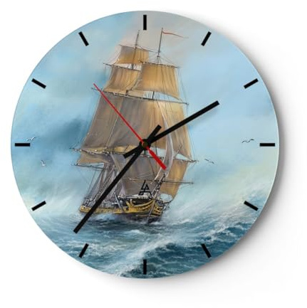 ARTTOR Moderne Glasuhr 40x40cm Rund Wanduhr Maritim Landschaften - 5541 | Meer Schiff Nautisch Glas Analog Wanduhr Lautlos Wanddekoration Wohnzimmer Büro Küche Wanddeko Küchenuhr Geräuschlos ARTTOR