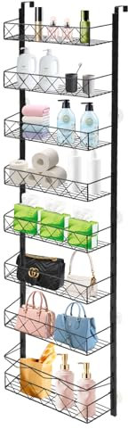 8-Tier Over Door Storage Rack, Hanging Door Storage Organiser Rack, Wall Mounted Spice Rack, with Hooks for Bathroom, Kitchen, Pantry, Closet, Dorm, Office, 62.99 * 16.54 * 9.65 inch (Black)