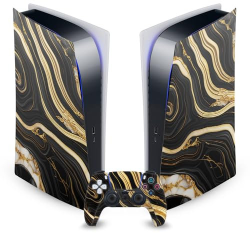 Head Case Designs Schwarz Und Gold Marmor Vinyl Frontplatte Haut Gaming Aufkleber Abziehbild Abdeckung kompatibel mit Sony Playstation 5 PS5 Digital Edition Console and DualSense Controller