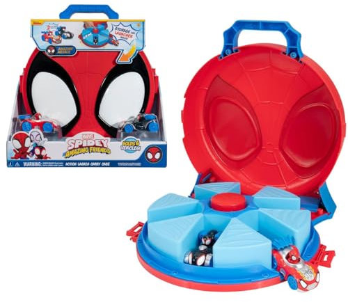 SPIDEY AND HIS AMAZING FRIENDS MARVEL Action Launch Carry Case - 12-Inch Carry Case with Rotating Launcher and Two Exclusive Amazing Metals Vehicles