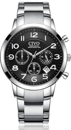 CIVO Herren Uhr Schwarz Analog: Edelstahl Chronographen Wasserdicht Armbanduhr Männer - Mode Datum Geschäft Beiläufig Designer Elengate für Herren
