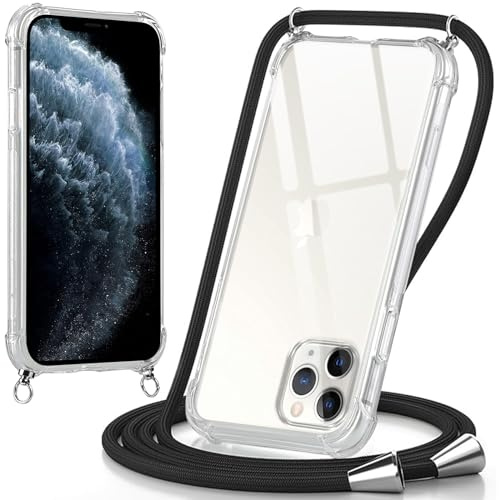 Oelrstfe Coque pour iPhone 11 Pro Max avec Cordon, Transparente Silicone Housse avec Réglable Cordage - Collier Case Protection pour iPhone 11 Pro Max, Bandoulière - Noir