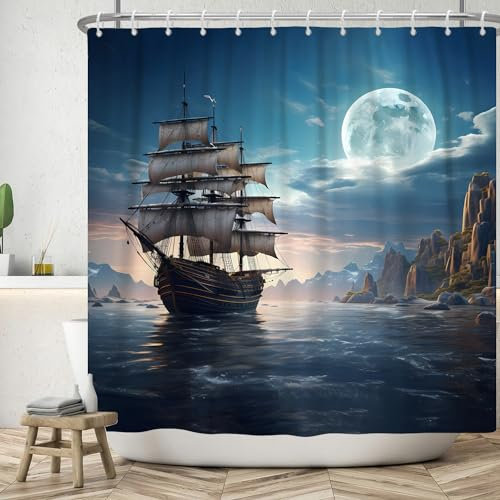 ASDCXZ Maritime Duschvorhang 180x200 cm, Mondlicht Nacht Ozean Abenteuer Segelboote Mond Bad Waschbar Duschvorhänge Badevorhang Polyester Textil Wasserdicht Duschvorhang für Badewanne mit 12 Haken