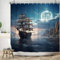 ASDCXZ Maritime Duschvorhang 180x200 cm, Mondlicht Nacht Ozean Abenteuer Segelboote Mond Bad Waschbar Duschvorhänge Badevorhang Polyester Textil Wasserdicht Duschvorhang für Badewanne mit 12 Haken