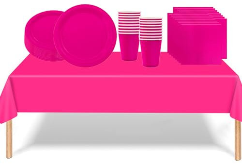 53PCS Hot Pink Party Tableware Decorations for Kids Birthday,Disposable Party Tableware Set TableCloth Table Covers,7inch Paper Plates,Paper Napkins,Cups for Xmas Birthday Wedding Party Favor