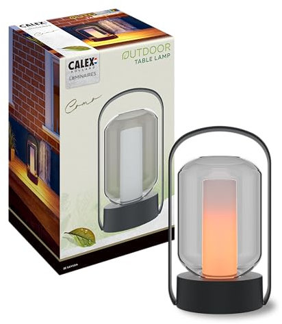 CALEX Como Tischlampe, wiederaufladbar, kabellos, dimmbar, Feuereffekt, warmweißes Licht, wasserdicht, Aluminium, Schwarz