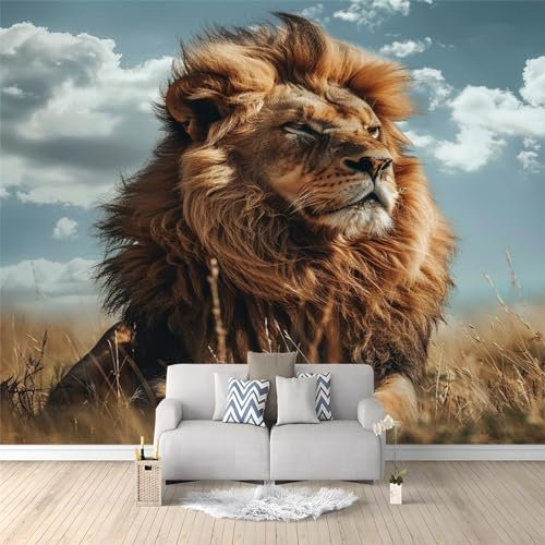 Prairie Lion Photo Wallpaper 400 x 280 cm Removable Photo Mural for Nursery Bedroom Living Room Art Home Decor Wall Mural Decoration