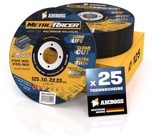 25x Metall-Trennscheibe Ø 125 x 1 x 22.23mm - Die Metalltrennscheibe Metal Racer by AMBOSS WERKZEUGE ist geeignet für Stahl & Edelstahl, Stahl/Inox Trennscheibe 125 passend für Winkelschleifer