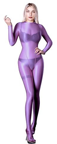 SOFSOT Ultra-transparenter Ganzkörperanzug für Damen, lange Ärmel, glänzend, Einteiler, glänzender Catsuit, Nylons, Ganzkörperanzug, Violett, XX-Large