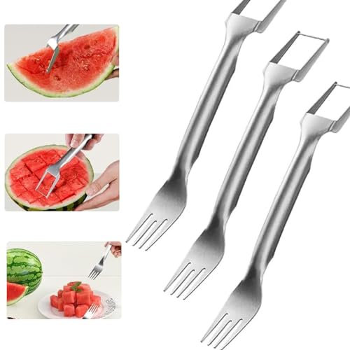 Cortador de frutas 2 en 1 de acero inoxidable. Herramienta de corte de sandía de doble cabezal de cortador y tenedor para cocina (3 unidades)