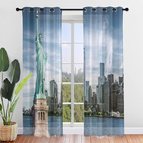 Odot Transparent Gardinen 2er Set Voile Vorhänge mit Ösen, Sheer Vorhang mit Stadtgebäude Druck, Ösenschal Fensterschal für Wohnzimmer Schlafzimmer Sonnenlichtfilterung (107x213cm,New York)