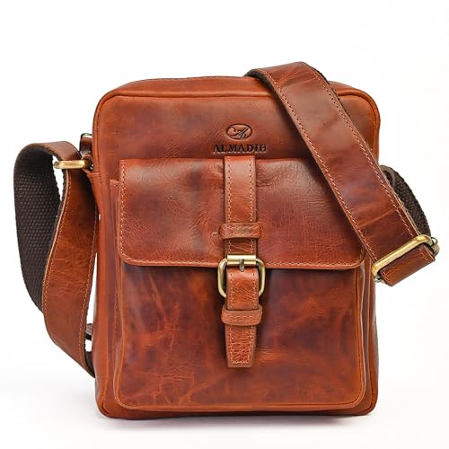 ALMADIH kleine Leder Umhängetasche Herren 8.3 Zoll iPad Mini & Tablet – MARC braun vintage Kompakte Ledertasche für Alltag & Reisen moderne Herren Messenger Schultertasche Freizeittasche Herrentasche