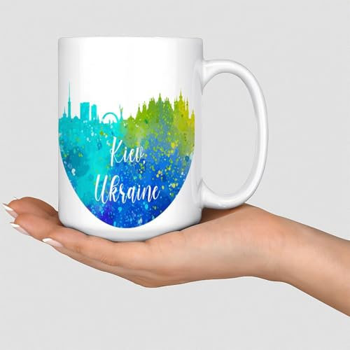 Ukraine Kiev-Tasse, 425 ml, bunte Skyline-Stadt, Akzent-Tassen, Geschenke für Freund, Freundin, beste Freundin, Keramik, Weiß