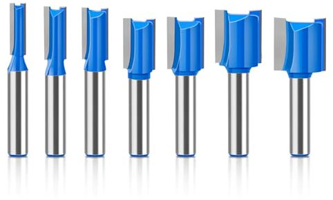 Boxonly 7-teiliges Fräser-Set mit geradem Schnitt, 8 mm Schaft, 6 mm, 8 mm, 10 mm, 12 mm, 14 mm, 18 mm, 20 mm Schnittdurchmesser, Holzbearbeitung, gerades Schneiden, Trimmfräser, Doppelrillen-Nut-Bits