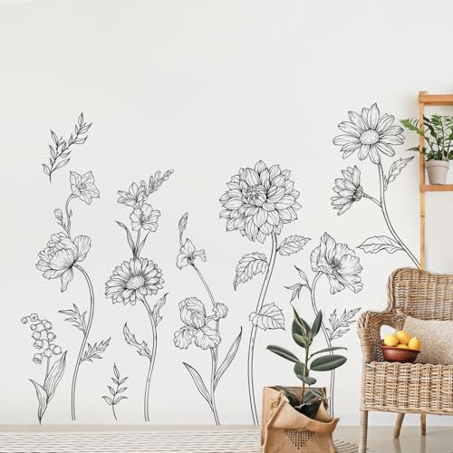 Decvictor Stickers Muraux Esquisse Fleur Dahlia Autocollant Mural Noir Simple ligne Fleur Decoration Murale pour Chambre Salon Allée Bureau Canapé Fond TV Mur (W174 * H90 cm)