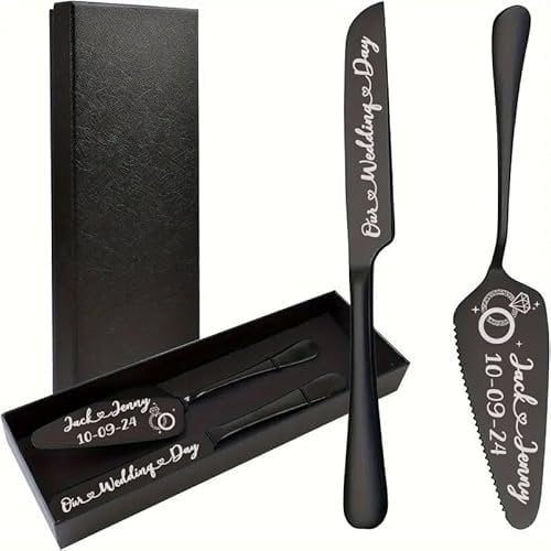 Custom Wedding Cake Personalised Server and Slicer Gift Set for Bride & Groom Made of Stainless Steel (Black, Gold, Silver, Rose Gold) (Black, Yes Engraving Please)