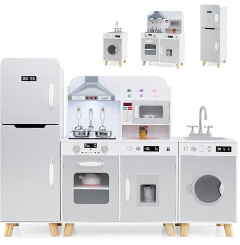 COSTWAY Kids Wooden Kitchen, 3-Piece Modular Pretend Play Kitchen with Light, Sound, Sink, Refrigerator, Washing Machine, Microwave, Utensils, Children Chef Role Playset for Boys Girls (White+Grey)