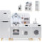 COSTWAY Kids Wooden Kitchen, 3-Piece Modular Pretend Play Kitchen with Light, Sound, Sink, Refrigerator, Washing Machine, Microwave, Utensils, Children Chef Role Playset for Boys Girls (White+Grey)