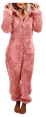 DUHENWU Tuta da donna, morbida, tuta intera e calda, in pile, per dormire, invernale, soffice, pigiama in tinta unita, con cappuccio, tuta intera, O rosa., S