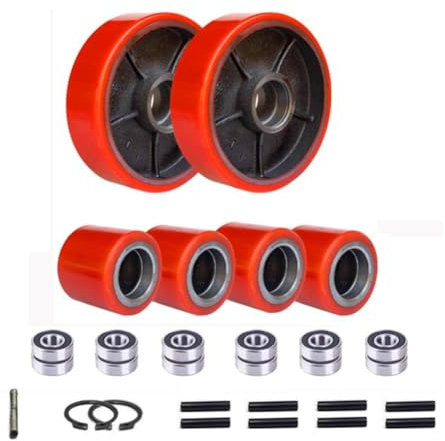Hubwagen Rollen Set Lenkräder 200x50mm Paar, Frontladerrolle 80x70mm 4 Stück mit Kugellagern ID 20mm für Hubwagen Eisenkern Paletten Fixierer Rad PU-Räder 6 STK.
