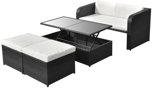 Set de muebles de jardín 4 pzas y cojines ratán sintético negro,Juego de comedor exterior de ratán PE con mesa de centro elevable y cojines cómodos para jardín o patio Conjuntos de Muebles de Jardín