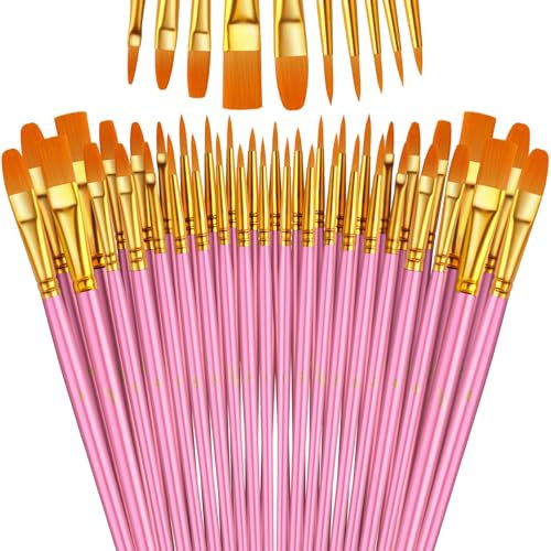 Paint Brushes Set, 5 Pack 50 Pcs Round-Pointed Tip Paintbrushes Nylon Hair Artist Acrylic Paint Brushes for Acrylic Oil Watercolor, Face Nail Art, Miniature Detailing & Rock Painting, Pink