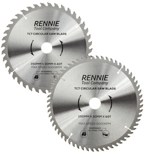 Paquete de 2 hojas de sierra circular para madera de 250 mm x 30 mm x 40T y 60T TCT, incluye anillos de reducción de orificio de 25 mm, 20 mm y 16 mm. Compatible con sierras circulares Bosch Makita