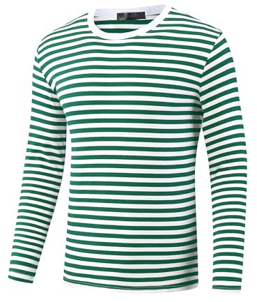 Lars Amadeus Striped T-Shirt for Men's Casual Crew Neck Long Sleeves Basic Pullover Tee Tops Green White XL