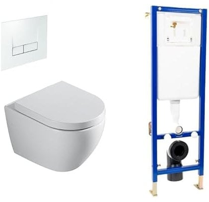sanicomfort Wand-WC Rivo spülrandlos Set mit Vorwandelement, Schallschutz-Set und Betätigungsplatte eckig