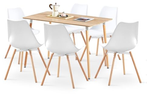 LafeuR Esszimmergruppe Esstisch mit 6 Stühle Essgruppe, 110cm Rechteckig Küchentisch und 6er Set Esszimmerstühle für Küche Esszimmer Wohnzimmer (Eiche Tisch+6 Weiß Stühlen)