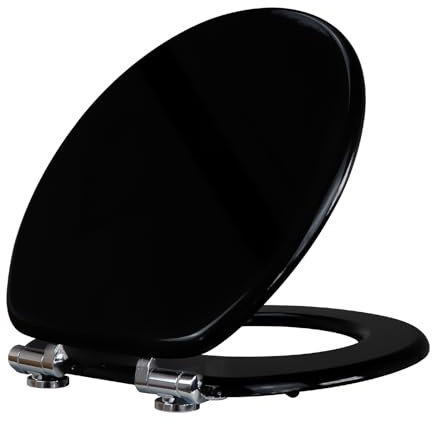 Fanmitrk Wood Toilet Seat- MDF Wooden Toilet Seat,Bright Black Color,Soft Close with Metal Hinges,Easy to Clean (Black MDF)