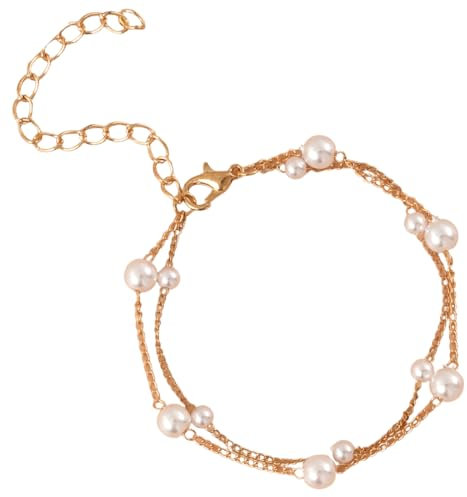 XENQITO 1 Pezzi Eleganti Bracciali da Donna con Perle Vintage, Impilabili, in Bianco, Bracelet Perle, con Perle Piatte per Donne, Set di Gioielli Squisito, Gioielli Regalo per Mamma Amica Ragazza