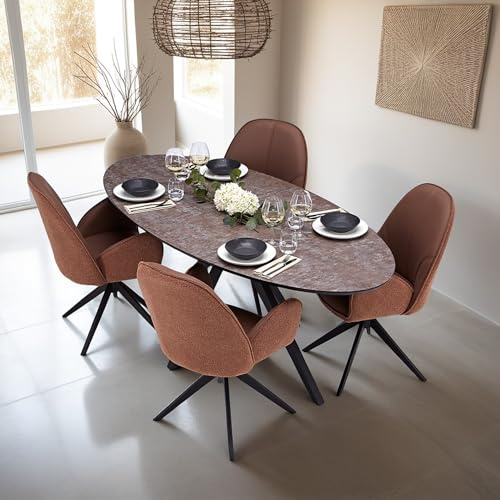 Homestyle4u Essgruppe Esstisch Oval mit 4 Polsterstühlen Bouclé | Ovaler Tisch 200 cm in Steinoptik, 4 drehbare Stühle in Braun – komplettes Esszimmer-Set für 4–8 Personen