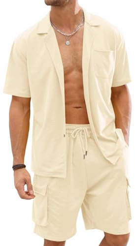 Fastkoala Homme Ensemble Sets Ete Tenues Survêtement Costumes Plage Vacances Bouton Lapel Chemises et Shorts 2 Pcs Kaki XXXL