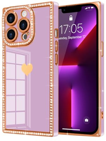 Urarssa for iPhone 13 pro max Case Rectangle, with Glitter Diamonds, Purple | Bling Sparkly Case with Cute Heart Pattern for Women Girls, Full Camera Protection Glossy Soft TPU Bumper Shockproof Cover