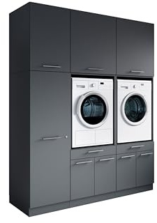 Laundreezy Waschraum Komplett-Set, Anthrazit - Modulares Schranksystem für Waschküche & Hauswirtschaftsraum - 186 x 238 x 68 cm (B/H/T)