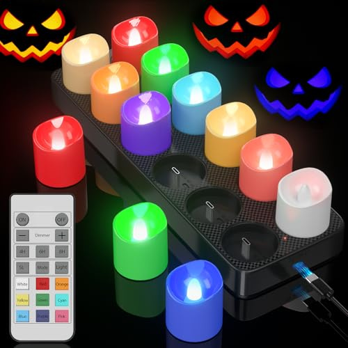 PChero LED Bunte Teelichter Wiederaufladbar mit Ladestation, 12er RGB Multicolour LED Kerzen Aufladbar Flackernd mit Fernbedienung und Timer für Halloween Kürbis Weihnachten Party Deko