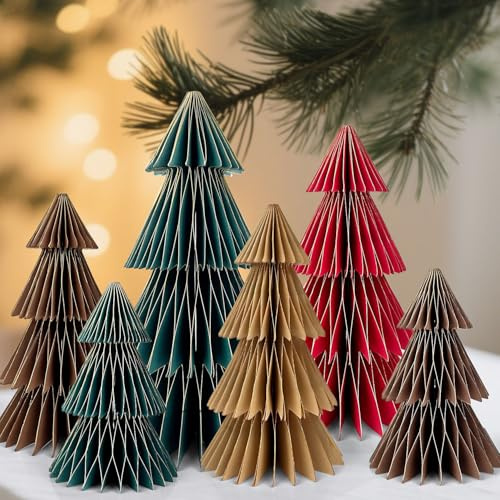 6 alberi di Natale di carta neutri a nido d'ape 3D a nido d'ape, alberi di Natale di carta, si illuminano vintage centrotavola per Natale