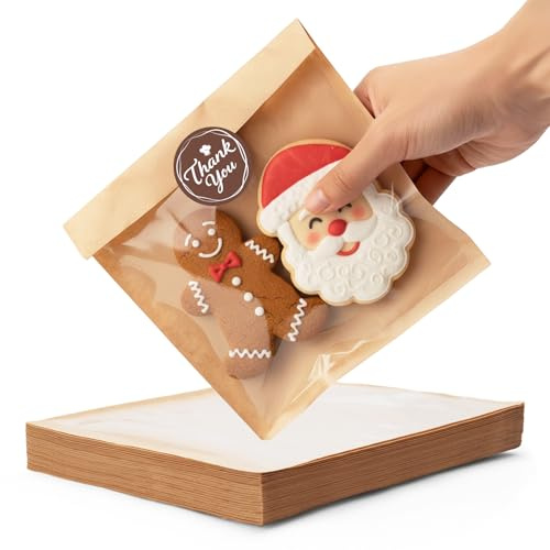 100 Pcs Sacchetti di Carta per Alimenti con 120 Adesivi, 14 x 16 cm, Sacchetti per Biscotti confezionati Singolarmente, Termosaldabili e Resistenti al Grasso, con Finestra di Visualizzazione
