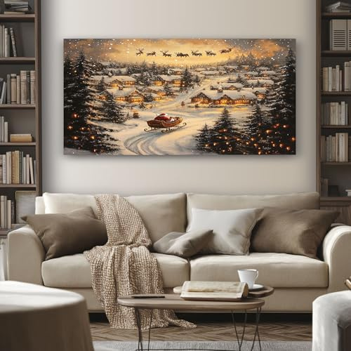 Leinwandbild Weihnachten Weihnachtsmann 50x100 cm Großes Winter Wandbilder | Dorf Wohnzimmer Abstrakte Kunst als Wanddekoration für Schlafzimmer Büro & Flur Rahmenlose Kunstdrucke