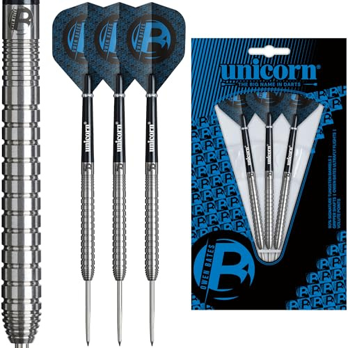 Unicorn | Owen Bates | Contender | Parallelfässer aus 90% Wolfram mit konzentrischen Griffringen | Steeltip Darts Set | Langlebige atemberaubende Ultrafly Flights | Nickel Volute Points | 24g