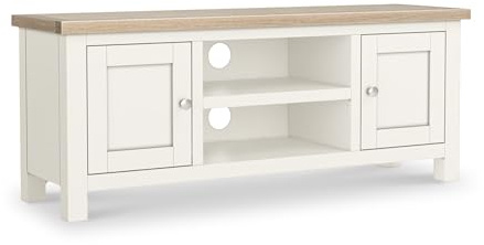 RoselandFurniture Farro Coconut White 120cm Large TV Unit for Living Room | Fully Assembled, Television Cabinet with Washed Oak Top, Painted Finish, Suitable for 50 Inch Screen, Farmhouse Style