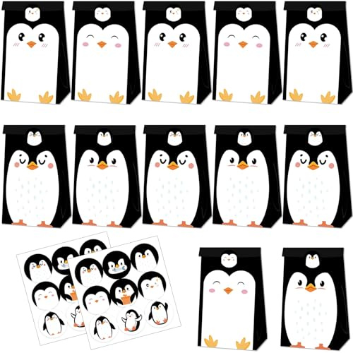 12 Stück Geschenktüten, Pinguin Tüten Papiertüten Kindergeburtstag | mit 18 Stickern, Tüten zum Verpacken von Geschenken, Giveaways, Kindergeburtstag, Hochzeit, Party, usw