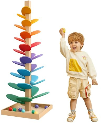 Klang Murmelbahn Regenbogen, Kugelbahn Holz, Klangbaum für Kinder, Murmelbahn Holz, Motorikspielzeug, Musikbaumspielzeug mit 10 Regenbogenbälle Spielzeug ab 3 Jahr Mädchen Junge