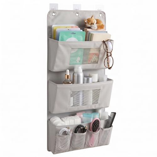 Dmrbiy Wandorganizer 40 * 90cm, Tür Organizer, Faltbarer Oxford-Stoff Hängeorganizer, Kein Bohren Erforderlich, Inklusive 3 Haken, Geeignet für Badezimmer und Hinter Türen (Grau, 3-Lagig)