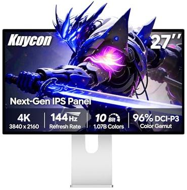 Kuycon P27D Monitor 27 pollici 4K 3840x2160 Minimalist - con supporto | schermo IPS 144Hz 1ms 450 nit 10 bit 96% DCI-P3 USB-C 100W ricarica veloce AltMode DP per gaming e design