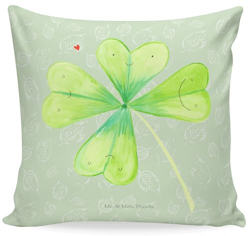 Mr. & Mrs. Panda Kissen Blume Kleeblatt - Geschenk, Sommer Deko, Jobwechsel, Kissenbezüge, Glücksbringer, Blumen Deko, Motivkissen, Dekokissen 40x40,