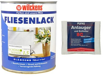Set 1x Fliesenlack 0,75 Liter (weiß) mit 1x Anlauger und Entfetter Pulver 100 Gramm
